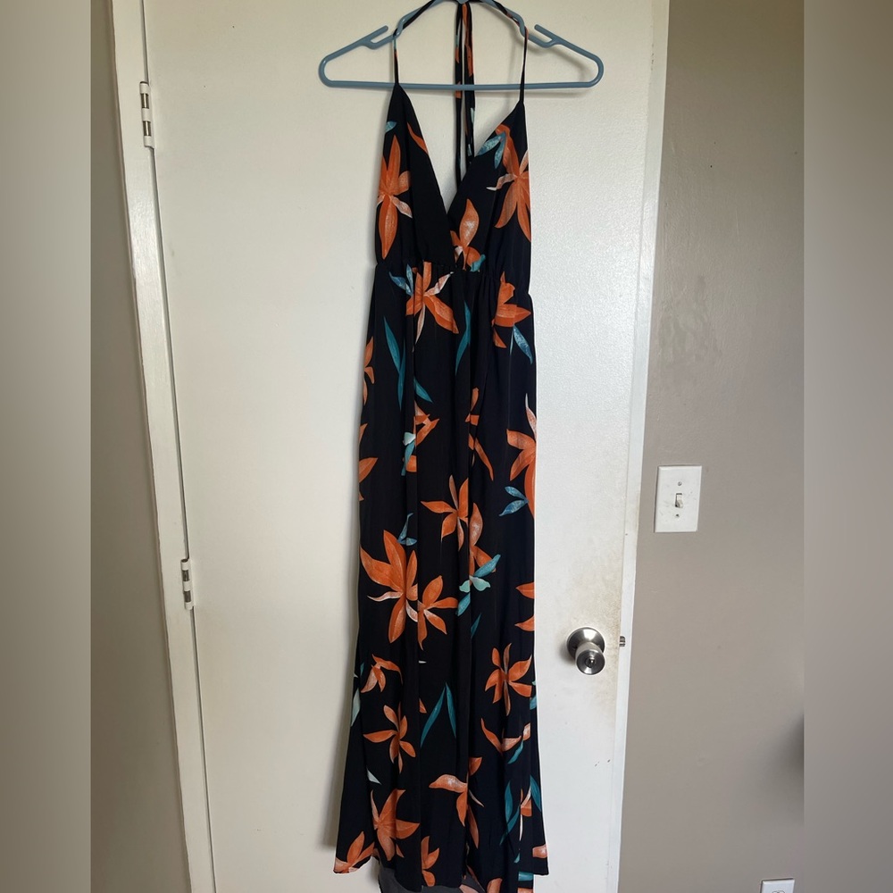 Floral Halter Jumpsuit - Black and Orange